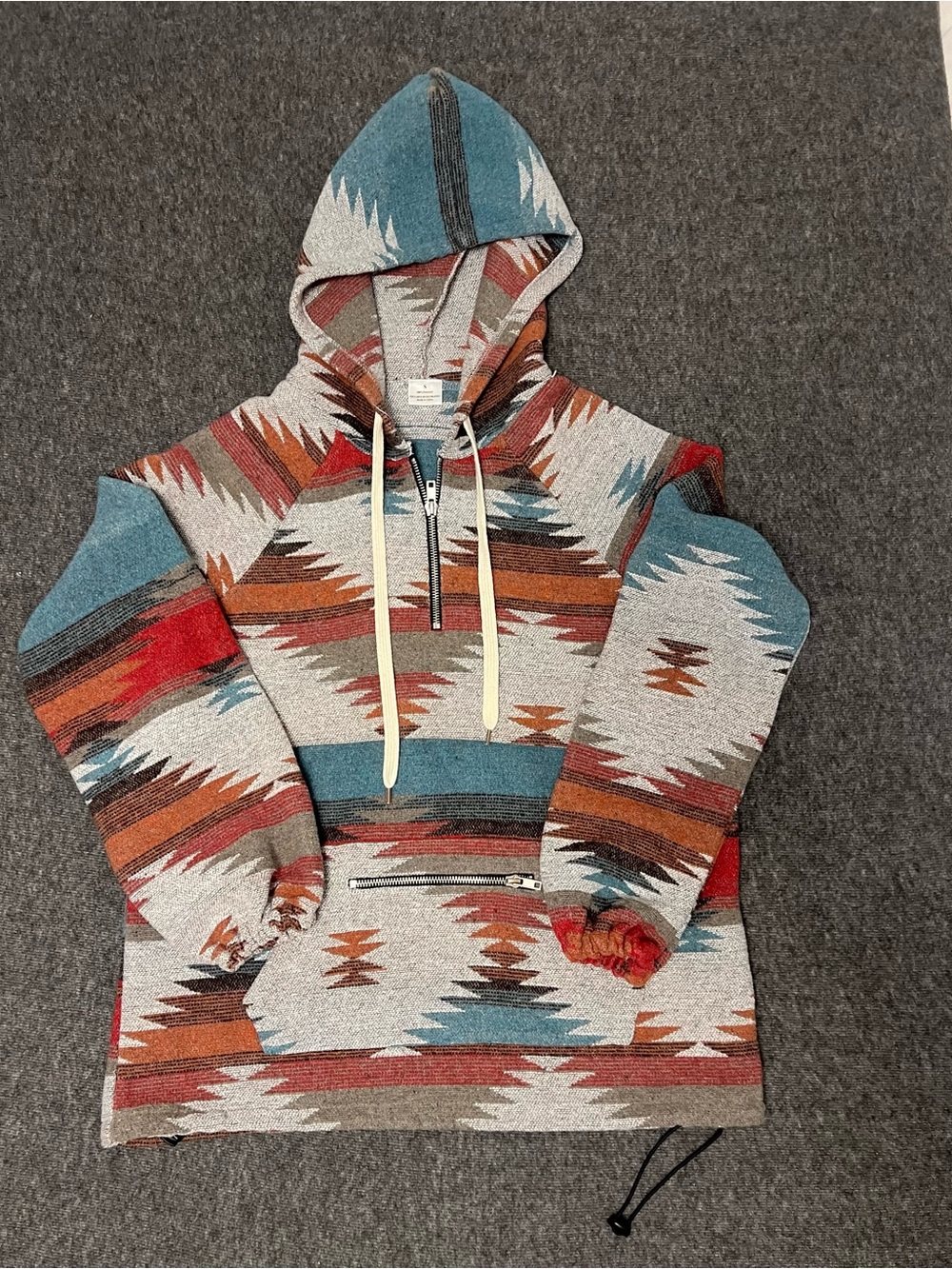 Southwestern Aztec Print Baja Hoodie Pullover Teal Rust Women’s Small